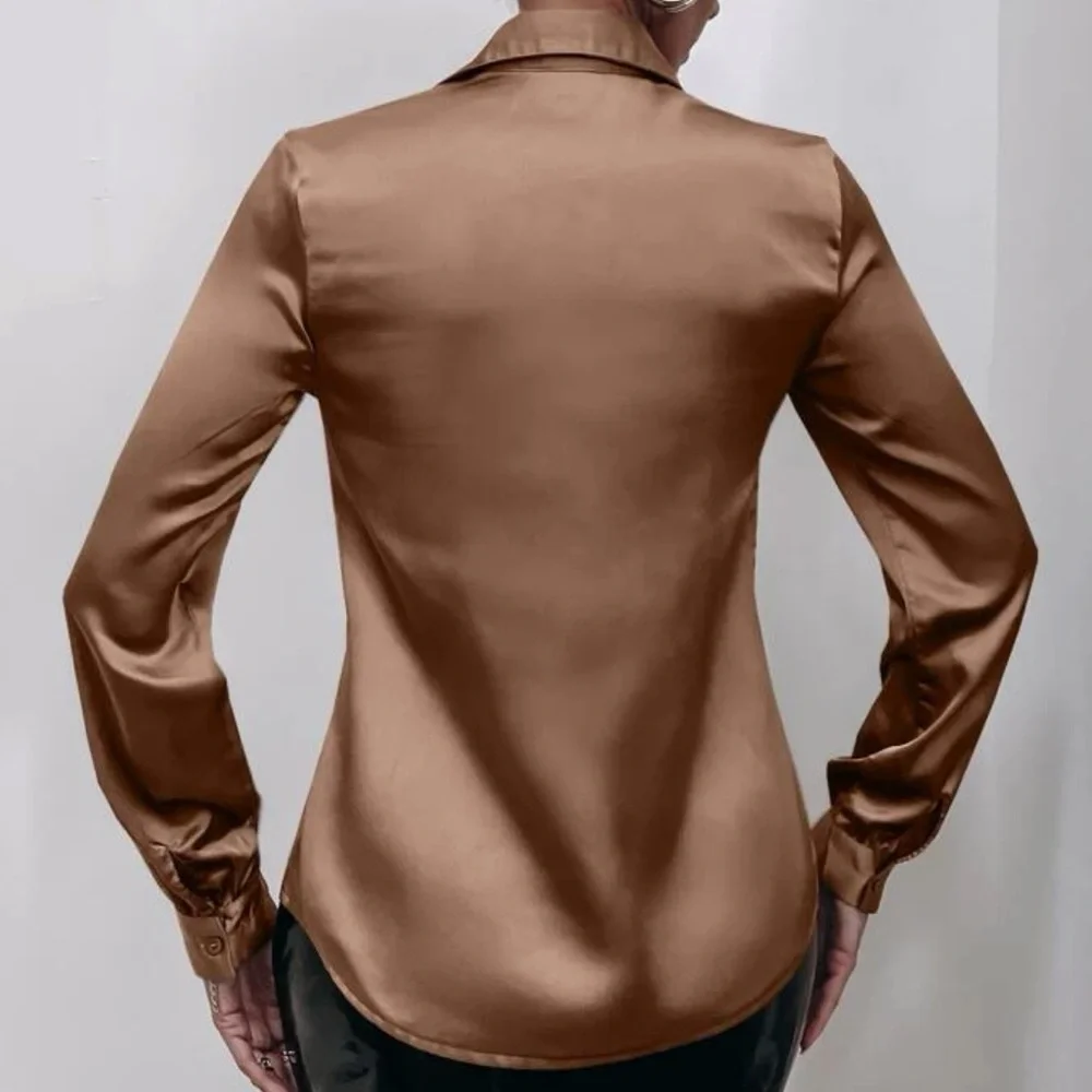 Luxe  green silky  button up boyfriend business casual satin top - Picture 8 of 16